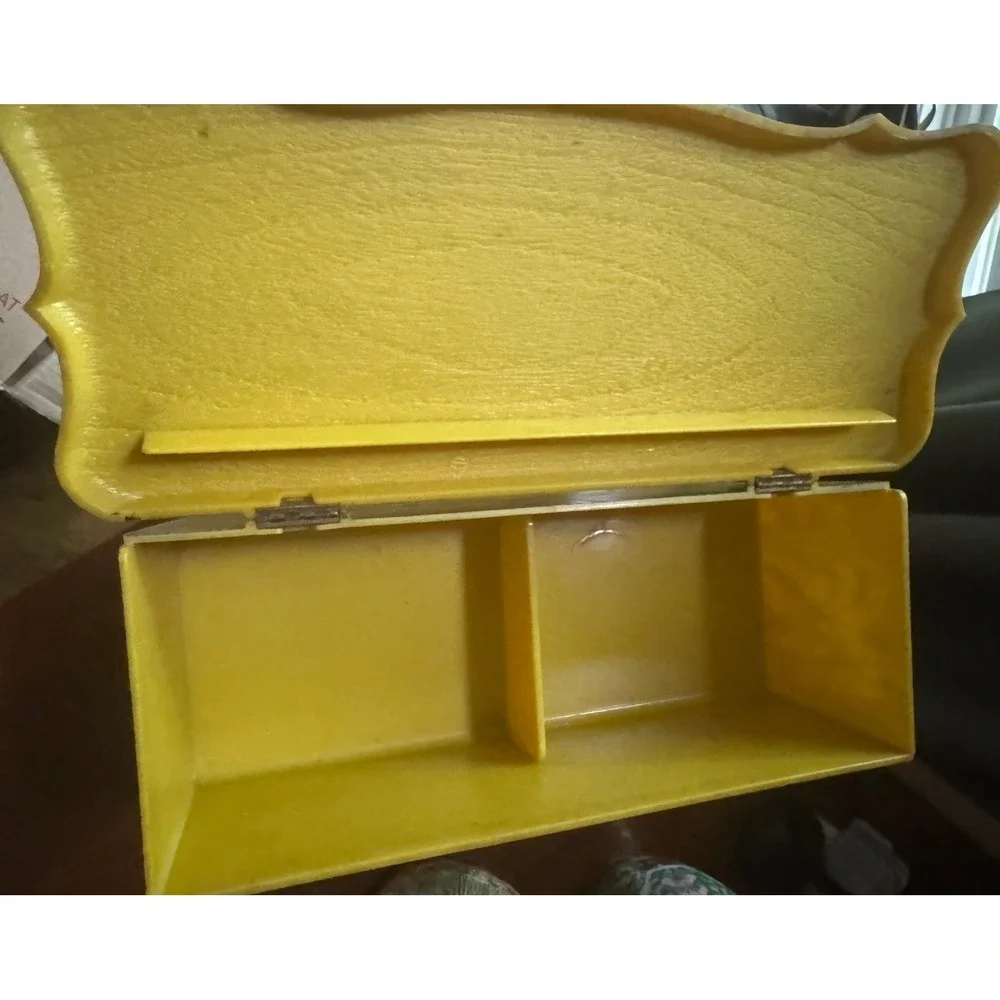 Vintage 1970s Harvest Gold Faux Wood‎ Recipe Box Sunflower Plastic Storage Chest
